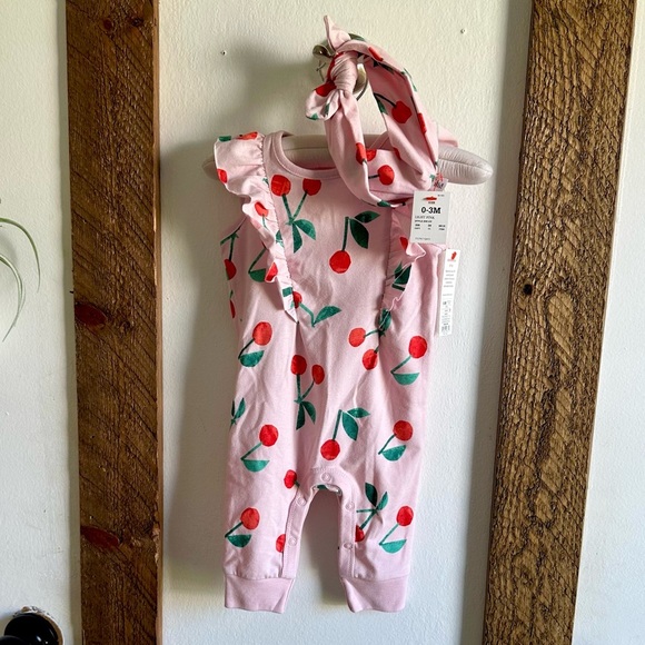 Cat & Jack Other - New Cat & Jack Baby Girl 0-3 Months Cherry Romper & Headband Accessorym
